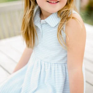 minnow Dresses<Girls French Terry Tennis Dress Powder Blue Stripe