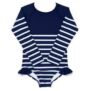 minnow Rashguards<Girls Rashguard One Piece | Swim Navy Breton Stripe