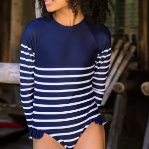 minnow One Pieces<Girls Rashguard One Piece | Swim Navy Breton Stripe