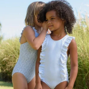 minnow One Pieces<Girls Ruffle One Piece Powder Blue Stripe