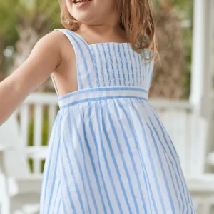 minnow Dresses<Girls Smocked Bib Dress Bahamian Blue Stripe