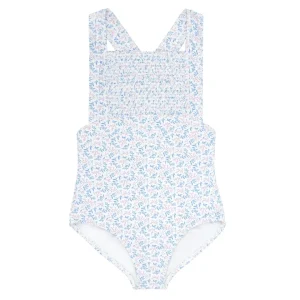 minnow One Pieces<Girls Smocked Crossover One Piece Briland Blue Botanic