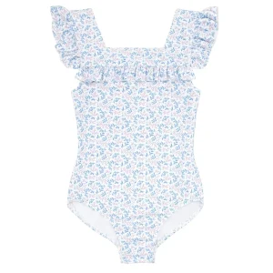 minnow One Pieces<Girls Square Neck Double Ruffle One Piece Briland Blue Botanic
