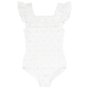minnow Rashguards<Girls Square Neck Double Ruffle One Piece White Eyelet