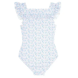 minnow Rashguards<Girls Square Neck Double Ruffle One Piece Briland Blue Botanic