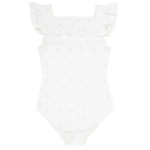 minnow Rashguards<Girls Square Neck Double Ruffle One Piece White Eyelet