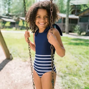 minnow One Pieces<Girls Tie Knot One Piece | Swim Navy Breton Stripe