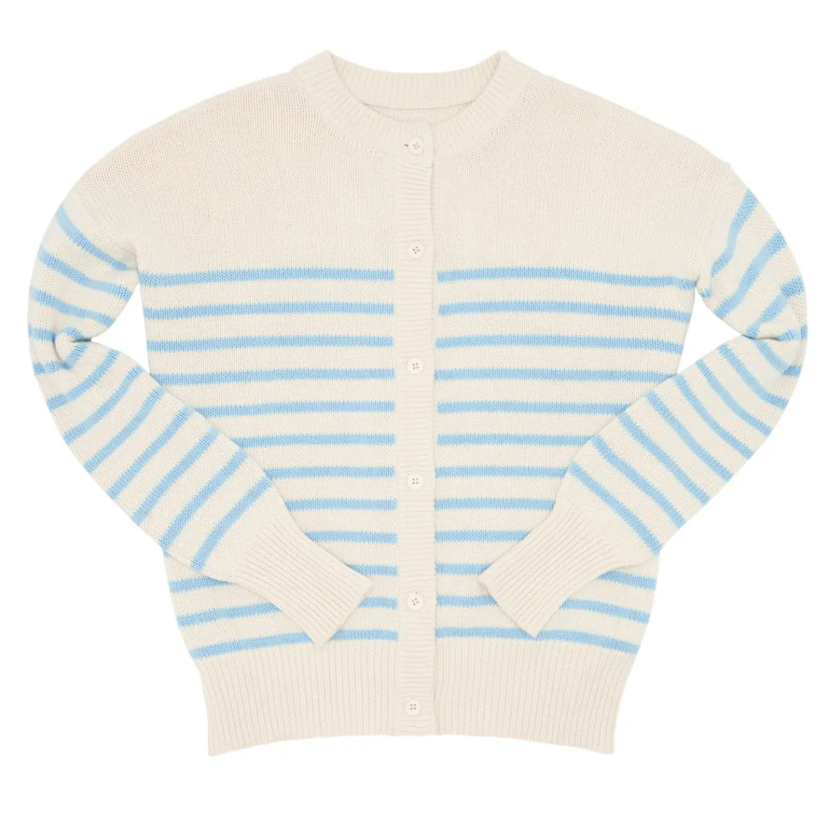 womens_cardigan_0.webp minnow Knits<Women's Cardigan Cream And Peri Blue Stripe