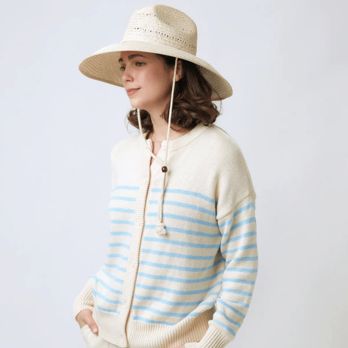 womens_cardigan_2.webp minnow Knits<Women's Cardigan Cream And Peri Blue Stripe
